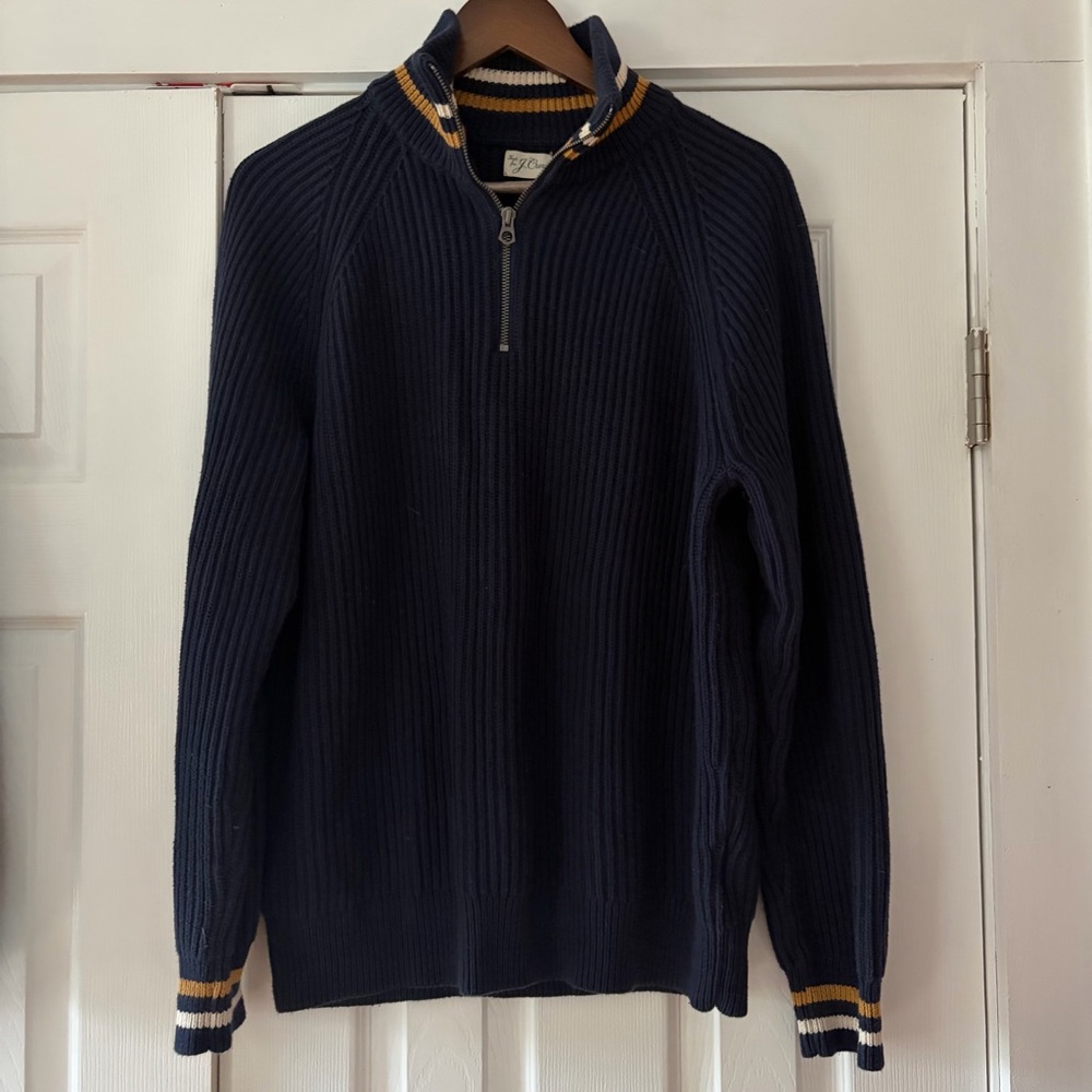 J. Crew Navy Blue Half-Zip Cotton Hand Knit Sweater Size Est.‎ Medium EUC